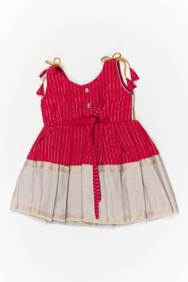 The Nesavu Girls Kanchi Silk Frock Girls Kanchi Silk Frock for Weddings and Temple Ceremonies Nesavu Nesavu girls kanchi silk frock for weddings in semi arani pure silk saree inspired design