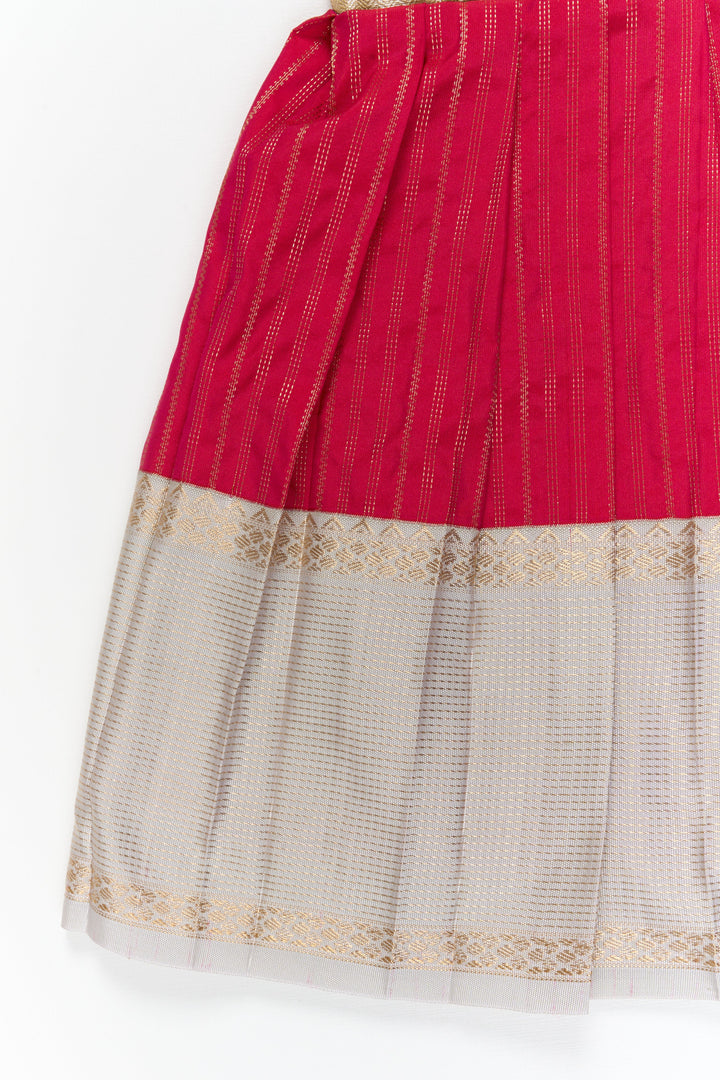 The Nesavu Girls Kanchi Silk Frock Girls Kanchi Silk Frock for Weddings and Temple Ceremonies Nesavu Nesavu girls kanchi silk frock for weddings in semi arani pure silk saree inspired design