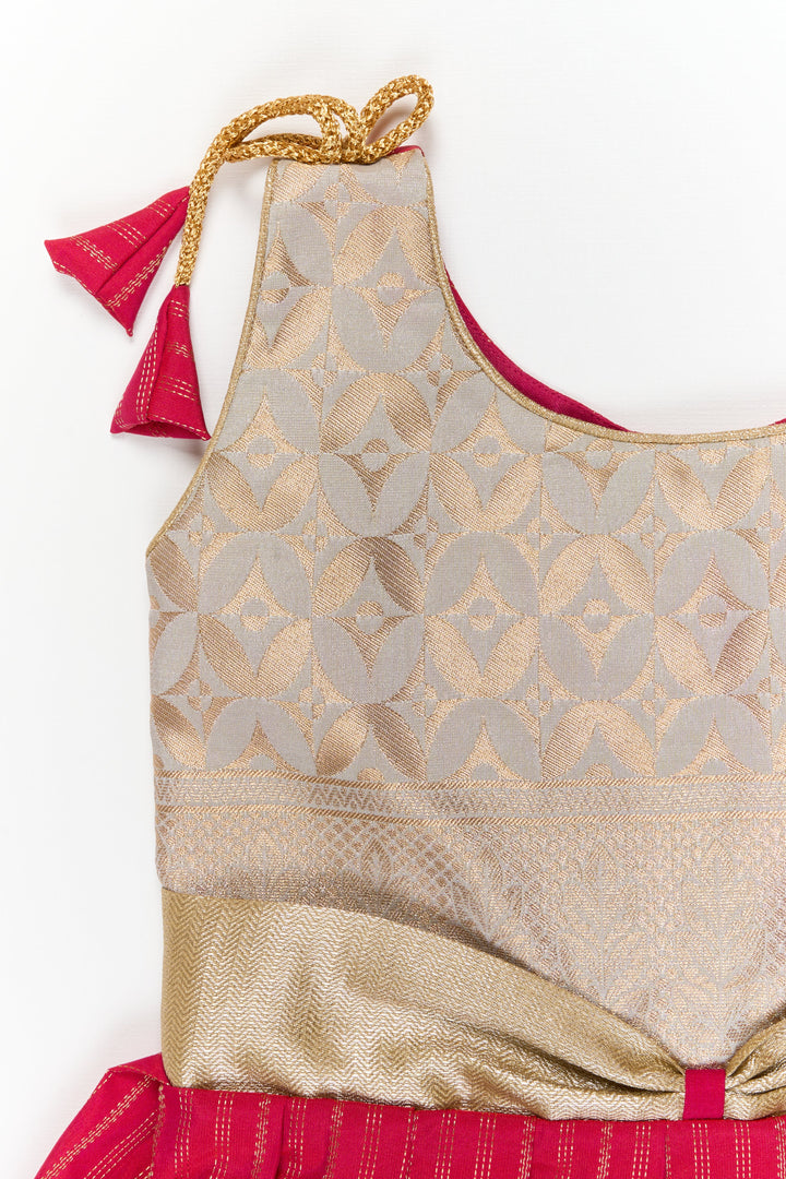 The Nesavu Girls Kanchi Silk Frock Girls Kanchi Silk Frock for Weddings and Temple Ceremonies Nesavu Nesavu girls kanchi silk frock for weddings in semi arani pure silk saree inspired design