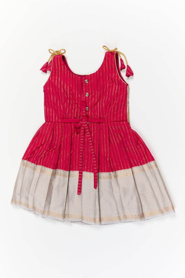 The Nesavu Girls Kanchi Silk Frock Girls Kanchi Silk Frock for Weddings and Temple Ceremonies Nesavu Nesavu girls kanchi silk frock for weddings in semi arani pure silk saree inspired design