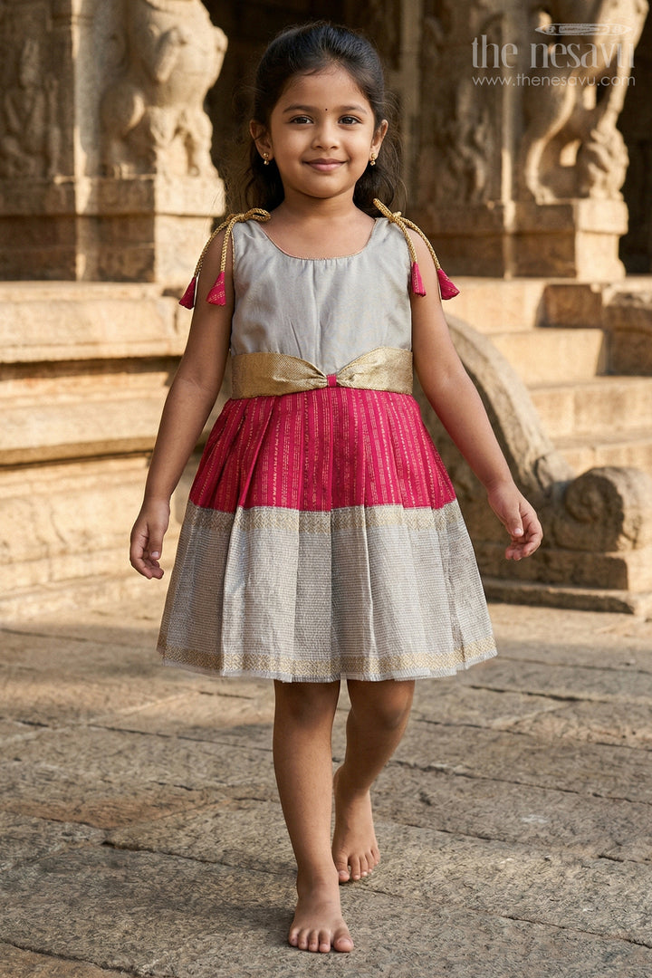 The Nesavu Girls Kanchi Silk Frock Girls Kanchi Silk Frock for Weddings and Temple Ceremonies Nesavu Nesavu girls kanchi silk frock for weddings in semi arani pure silk saree inspired design