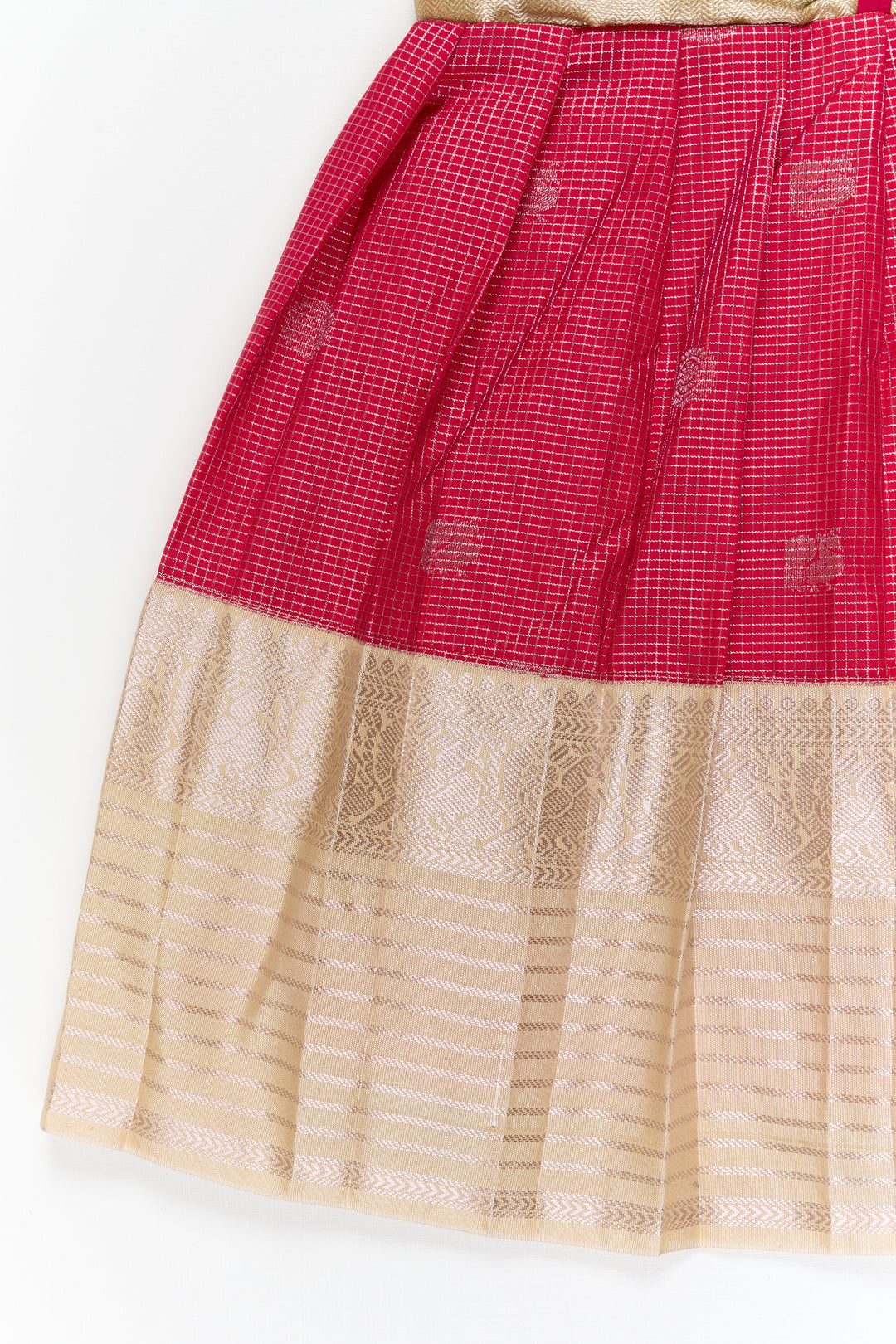 The Nesavu Girls Kanchi Silk Frock Girls Kanchi Silk Frock for Weddings and Temple Functions Nesavu Nesavu girls kanchi silk frock for weddings and temple functions in traditional kanchivaram style