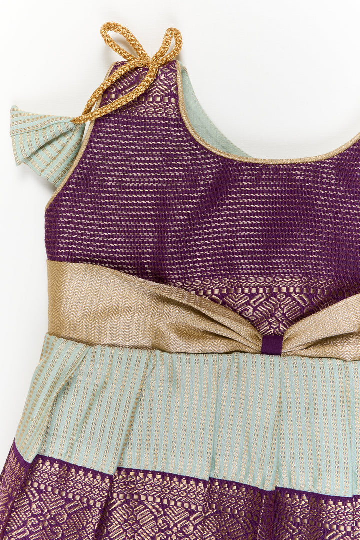 The Nesavu Girls Kanchi Silk Frock Girls Kanchi Silk Frock for Weddings and Traditional Events Nesavu Nesavu girls kanchi silk frock for weddings in semi jacquard kanchivaram silk inspired design