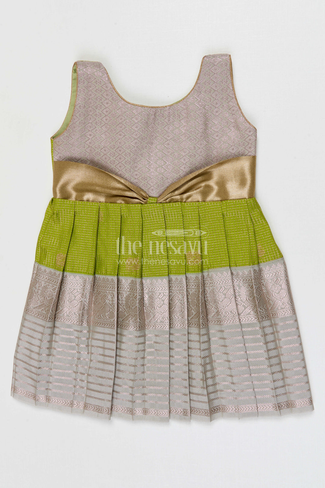 The Nesavu Girls Kanchi Silk Frock Girls Kanchi Silk Frock for Weddings Nesavu 10 (NB) / Green / Style 1 KSF005DA-10 Nesavu Girls Semi Pure Kanchivaram Silk Frock Saree Inspired Design For Weddings And Festive Events