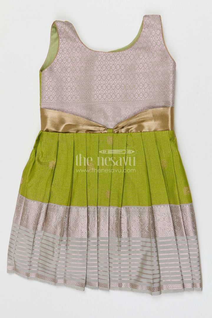 The Nesavu Girls Kanchi Silk Frock Girls Kanchi Silk Frock for Weddings Nesavu 10 (NB) / Green / Style 2 KSF005DB-10 Nesavu Girls Semi Pure Kanchivaram Silk Frock Saree Inspired Design For Weddings And Festive Events
