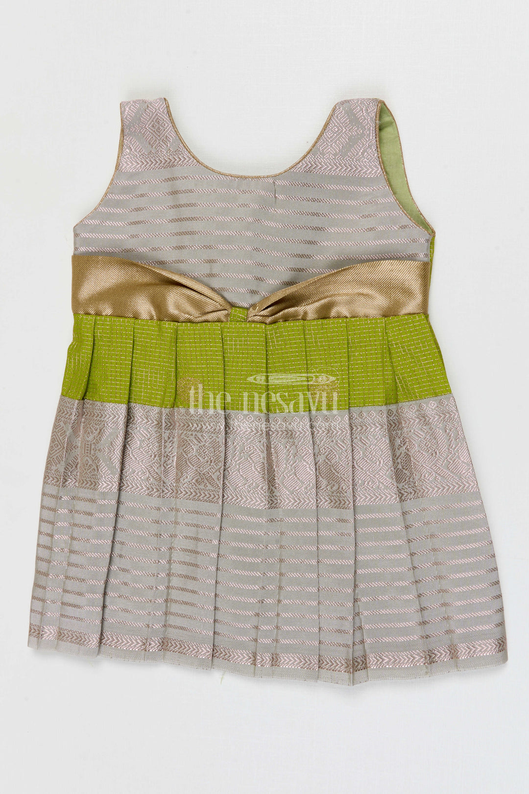 The Nesavu Girls Kanchi Silk Frock Girls Kanchi Silk Frock for Weddings Nesavu 10 (NB) / Green / Style 4 KSF005DD-10 Nesavu Girls Semi Pure Kanchivaram Silk Frock Saree Inspired Design For Weddings And Festive Events