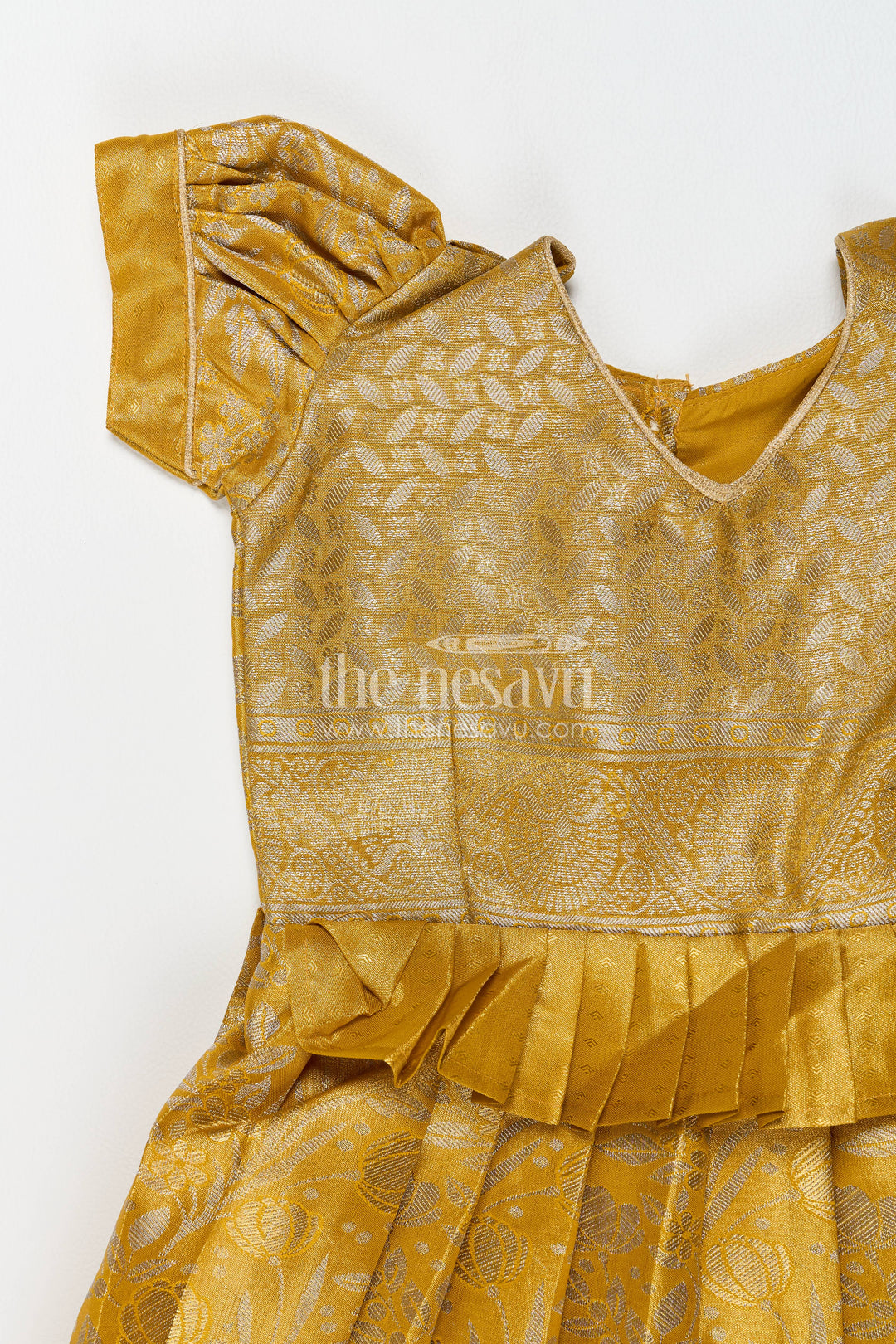 The Nesavu Girls Kanchi Silk Frock Girls Kanchi Silk Frock in Gold for Portrait Days Nesavu Nesavu Girls Kanchi Silk Frock In Gold For Parties And Memorable