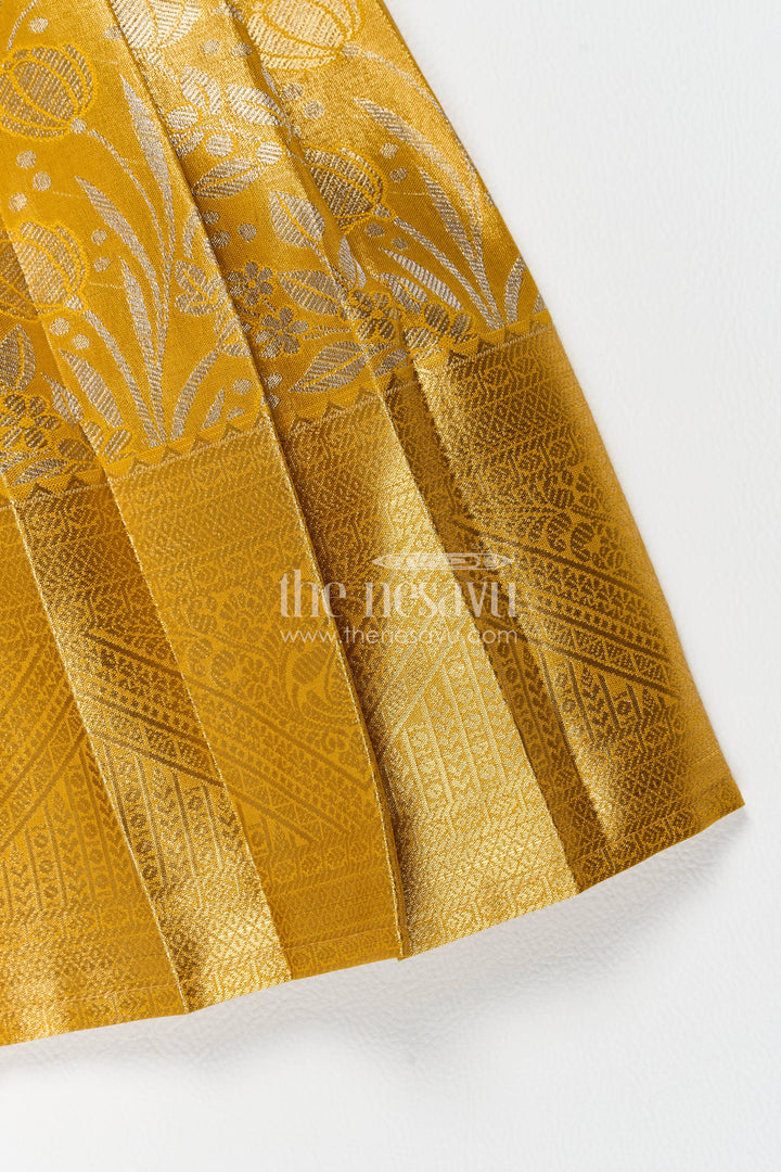 The Nesavu Girls Kanchi Silk Frock Girls Kanchi Silk Frock in Gold for Portrait Days Nesavu Nesavu Girls Kanchi Silk Frock In Gold For Parties And Memorable