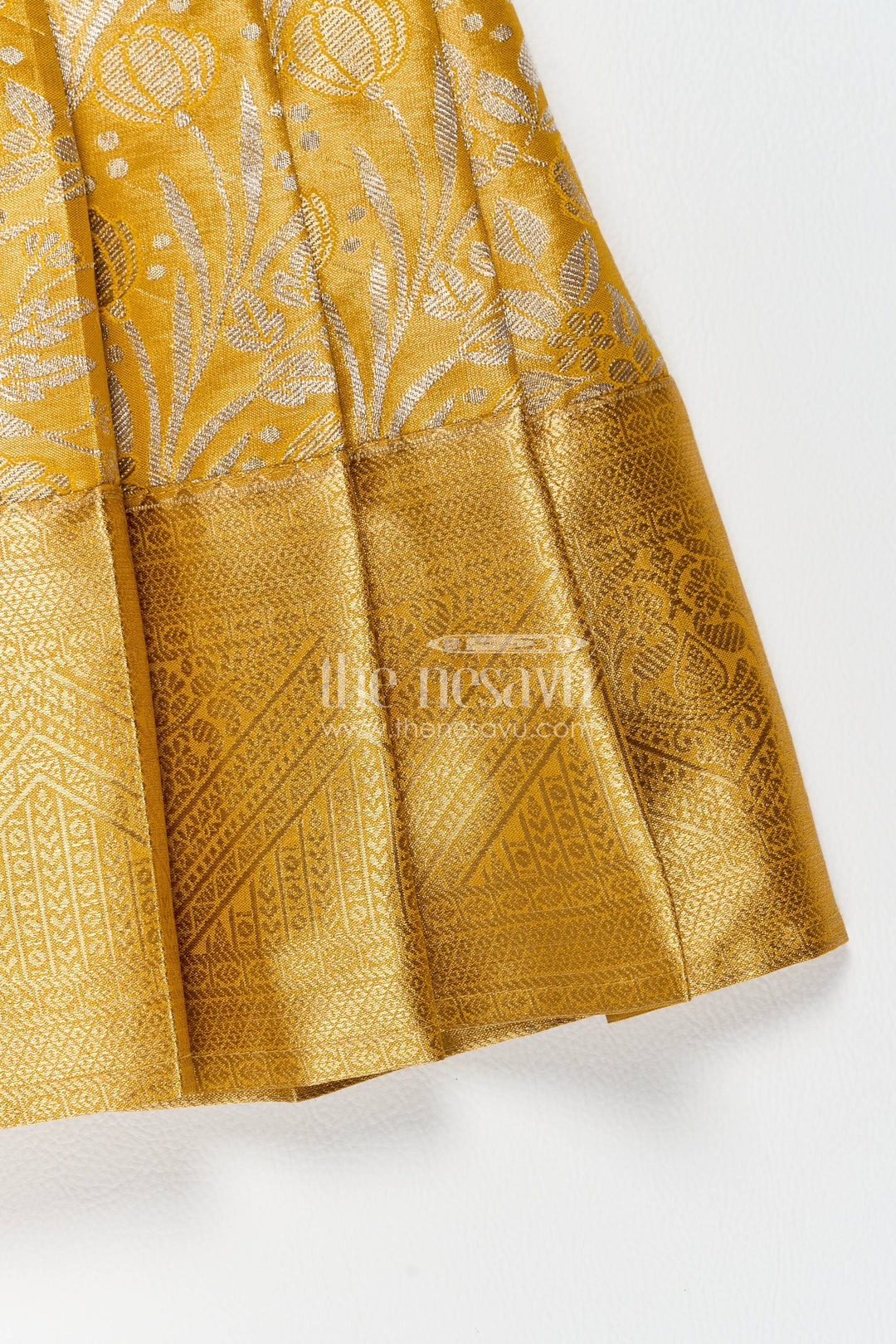 The Nesavu Girls Kanchi Silk Frock Girls Kanchi Silk Frock in Gold for Portrait Days Nesavu Nesavu Girls Kanchi Silk Frock In Gold For Parties And Memorable