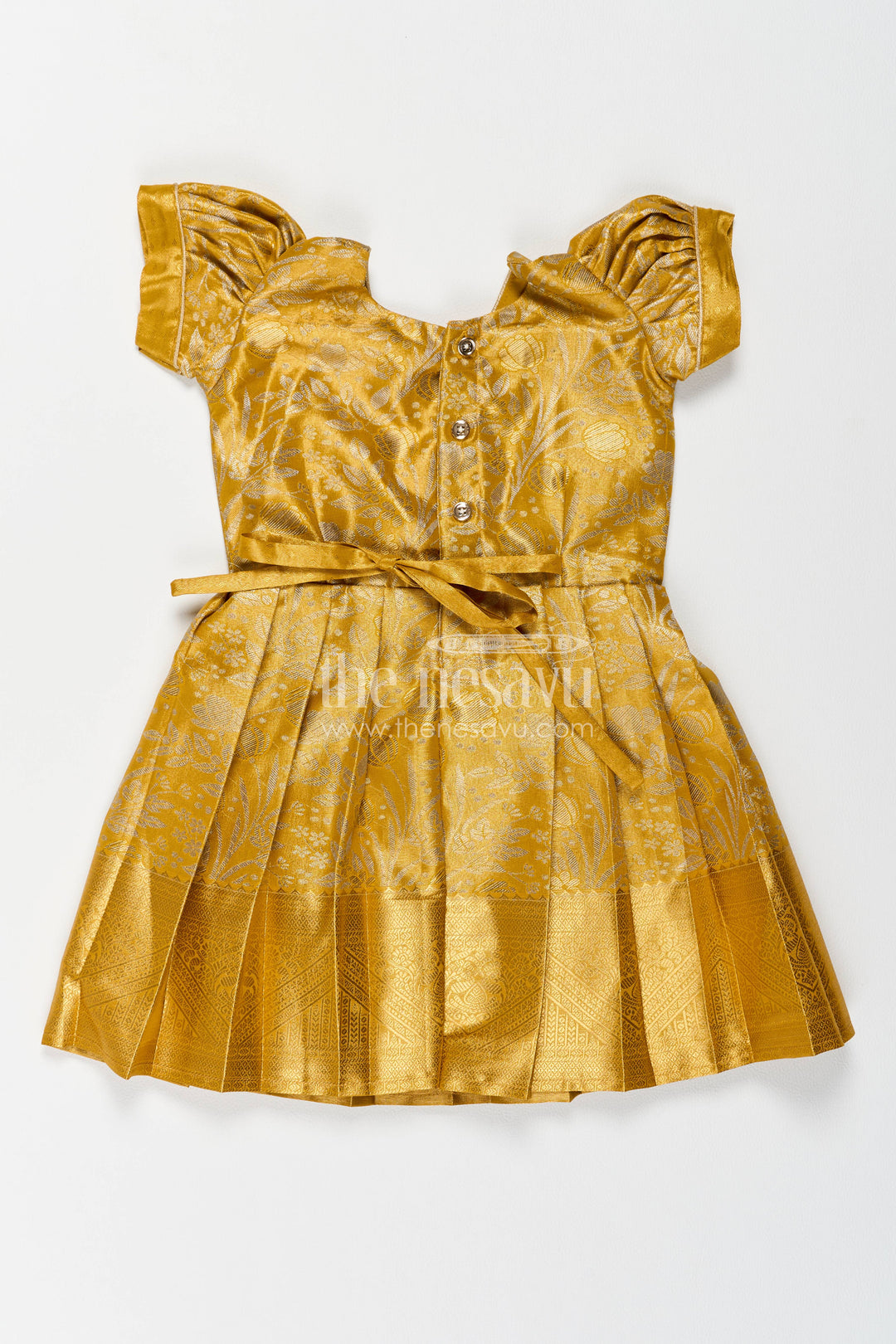 The Nesavu Girls Kanchi Silk Frock Girls Kanchi Silk Frock in Gold for Portrait Days Nesavu Nesavu Girls Kanchi Silk Frock In Gold For Parties And Memorable