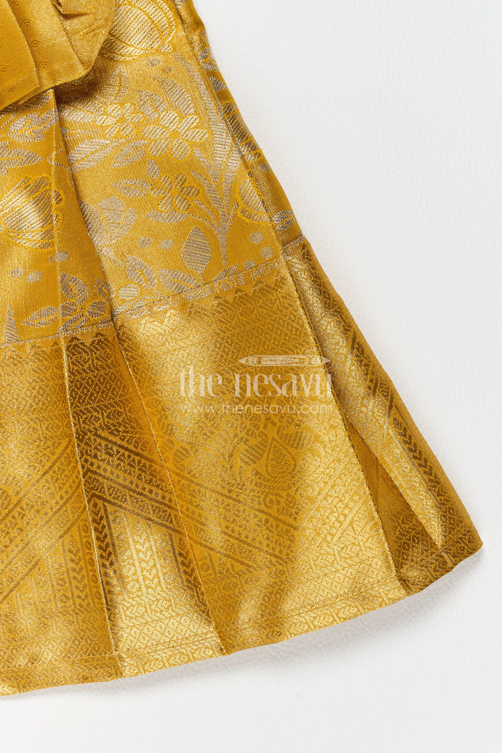 The Nesavu Girls Kanchi Silk Frock Girls Kanchi Silk Frock in Gold for Portrait Days Nesavu Nesavu Girls Kanchi Silk Frock In Gold For Parties And Memorable