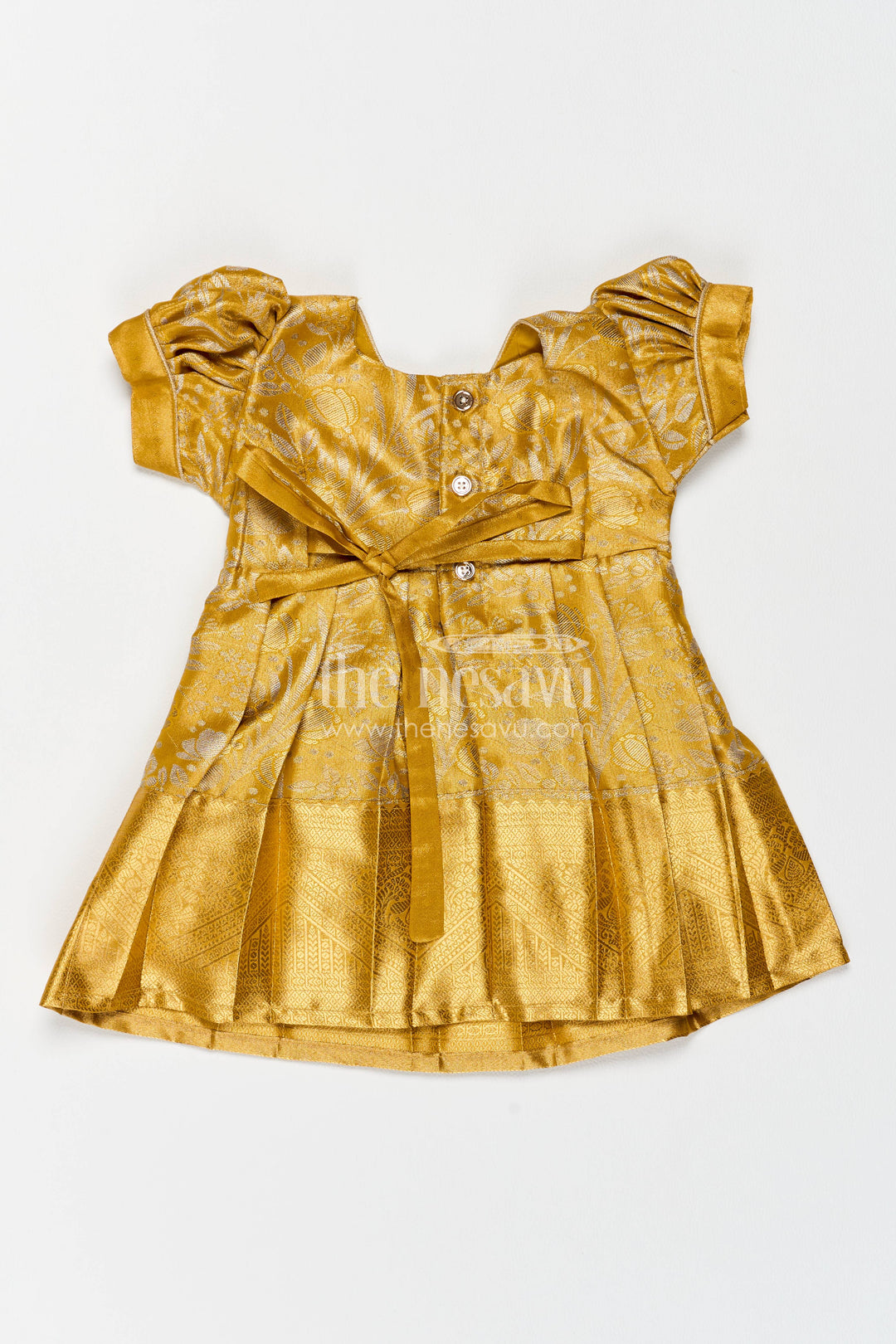 The Nesavu Girls Kanchi Silk Frock Girls Kanchi Silk Frock in Gold for Portrait Days Nesavu Nesavu Girls Kanchi Silk Frock In Gold For Parties And Memorable