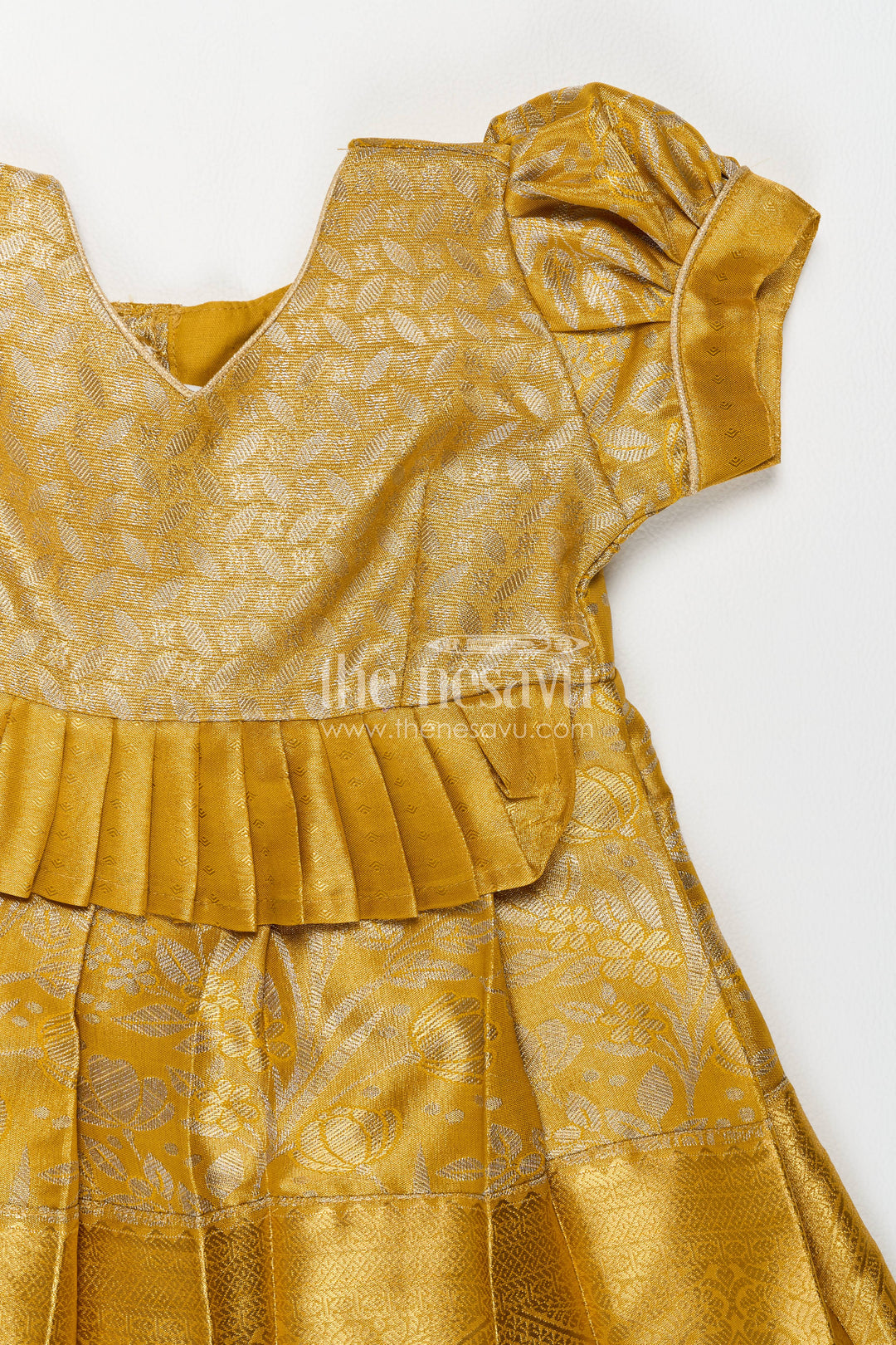 The Nesavu Girls Kanchi Silk Frock Girls Kanchi Silk Frock in Gold for Portrait Days Nesavu Nesavu Girls Kanchi Silk Frock In Gold For Parties And Memorable