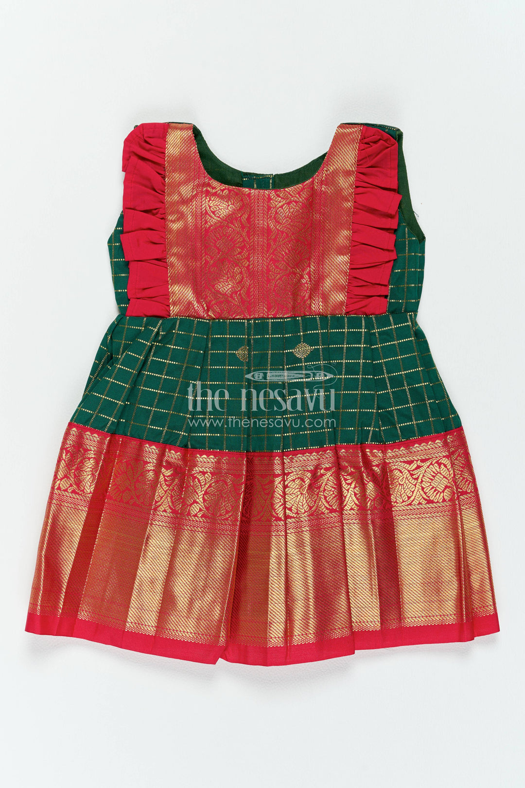 The Nesavu Girls Kanchi Silk Frock Girls Kanchi Silk Frock in Green for Portrait Days Nesavu 10 (NB) / Green / Style 2 KSF099CB-10 Nesavu Girls Kanchi Silk Frock In Green With Woven For Portrait Days KSF099CB-10