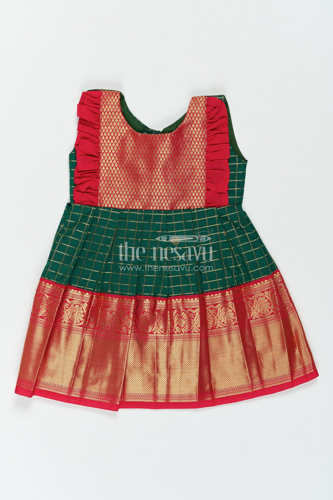 The Nesavu Girls Kanchi Silk Frock Girls Kanchi Silk Frock in Green for Portrait Days Nesavu 12 (3M) / Green / Style 1 KSF099CA-12 Nesavu Girls Kanchi Silk Frock In Green With Woven For Portrait Days KSF099CA-12