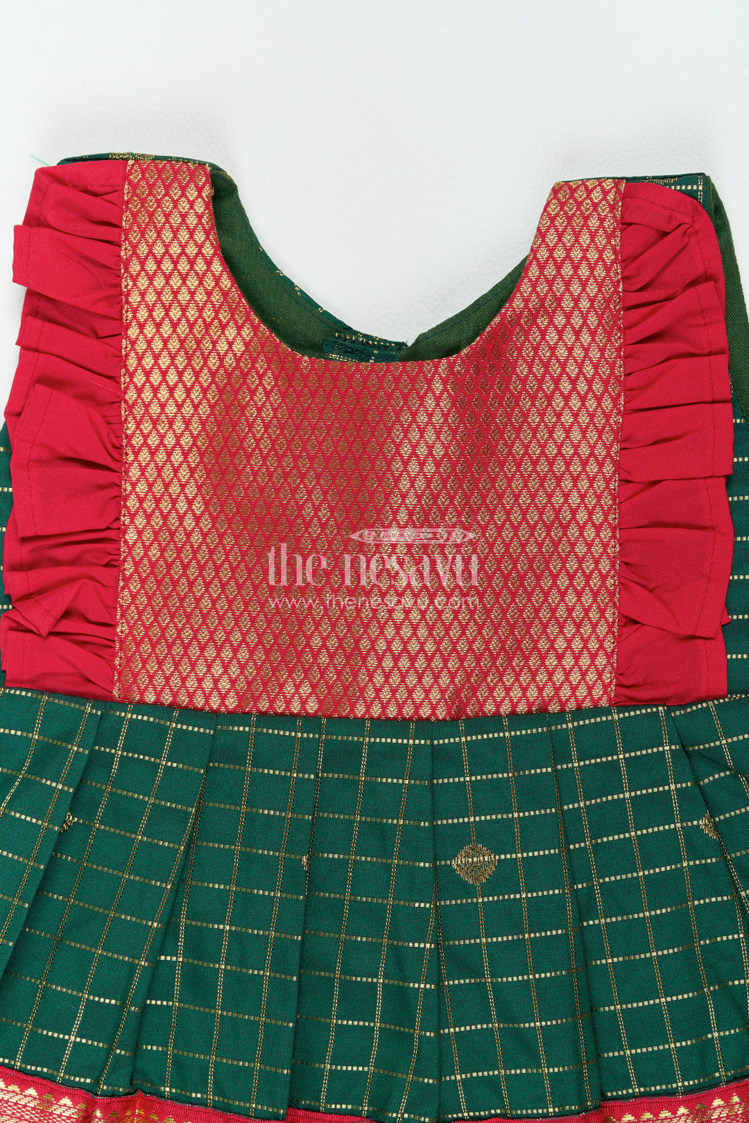 The Nesavu Girls Kanchi Silk Frock Girls Kanchi Silk Frock in Green for Portrait Days Nesavu Nesavu Girls Kanchi Silk Frock In Green With Woven For Portrait Days