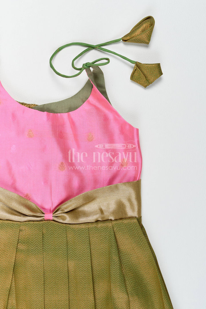 The Nesavu Girls Kanchi Silk Frock Girls Kanchi Silk Frock in Green with Jacquard Weave Nesavu Nesavu Girls Kanchi Silk Frock In Green For Parties And Memorable