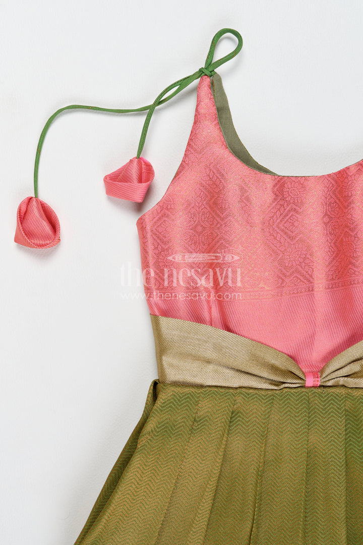 The Nesavu Girls Kanchi Silk Frock Girls Kanchi Silk Frock in Green with Jacquard Weave Nesavu Nesavu Girls Kanchi Silk Frock In Green For Parties And Memorable