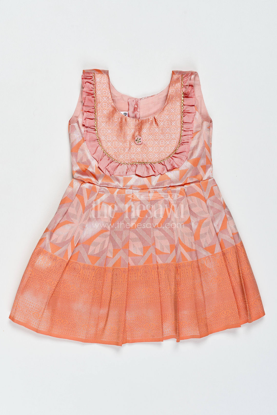 The Nesavu Girls Kanchi Silk Frock Girls Kanchi Silk Frock in Peach with Woven Texture Nesavu 16 (1Y) / Peach / Style 1 KSF081CA-16 Nesavu Girls Kanchi Silk Frock With Woven Texture For Weddings KSF081CA-16