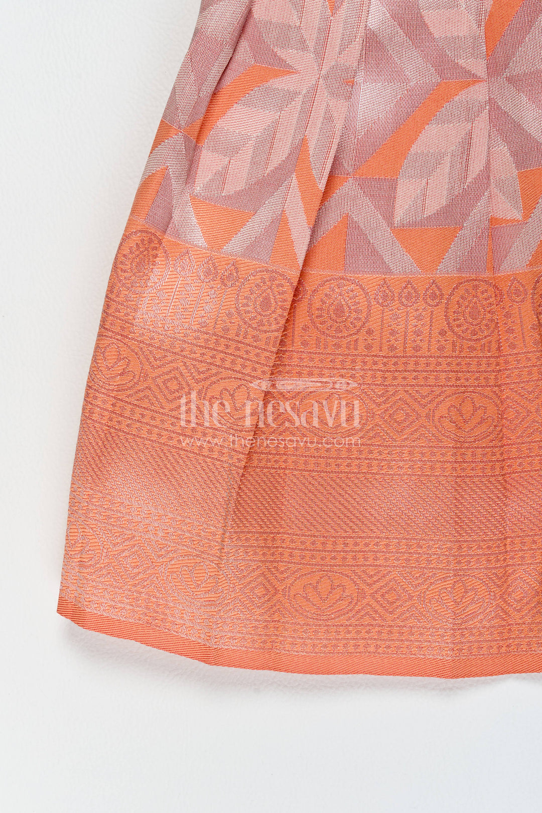 The Nesavu Girls Kanchi Silk Frock Girls Kanchi Silk Frock in Peach with Woven Texture Nesavu Nesavu Girls Kanchi Silk Frock With Woven Texture For Weddings