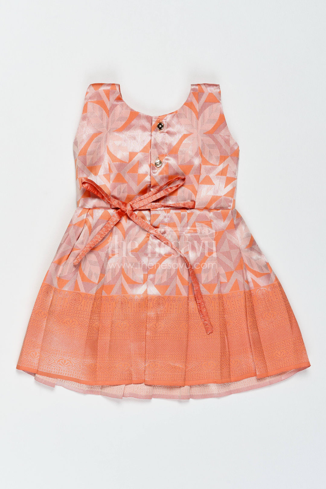 The Nesavu Girls Kanchi Silk Frock Girls Kanchi Silk Frock in Peach with Woven Texture Nesavu Nesavu Girls Kanchi Silk Frock With Woven Texture For Weddings