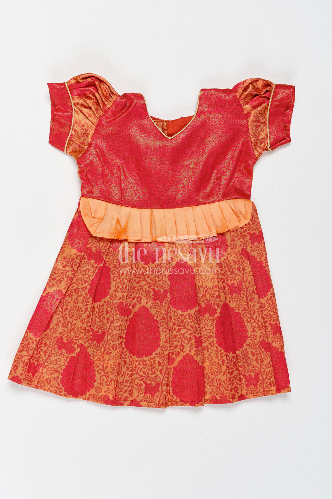 The Nesavu Girls Kanchi Silk Frock Girls Kanchi Silk Frock in Red with Woven Texture Nesavu 12 (3M) / Red / Style 4 KSF089AD-12 Nesavu Girls Kanchi Silk Frock In Red With Woven For Festive Photos KSF089AD-12
