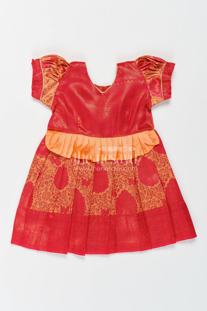 The Nesavu Girls Kanchi Silk Frock Girls Kanchi Silk Frock in Red with Woven Texture Nesavu 14 (6M) / Red / Style 3 KSF089AC-14 Nesavu Girls Kanchi Silk Frock In Red With Woven For Festive Photos KSF089AC-14