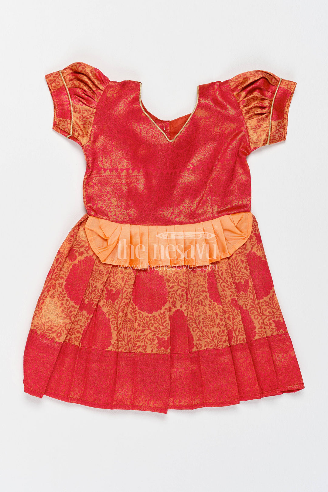 The Nesavu Girls Kanchi Silk Frock Girls Kanchi Silk Frock in Red with Woven Texture Nesavu 16 (1Y) / Red / Style 2 KSF089AB-16 Nesavu Girls Kanchi Silk Frock In Red With Woven For Festive Photos KSF089AB-16