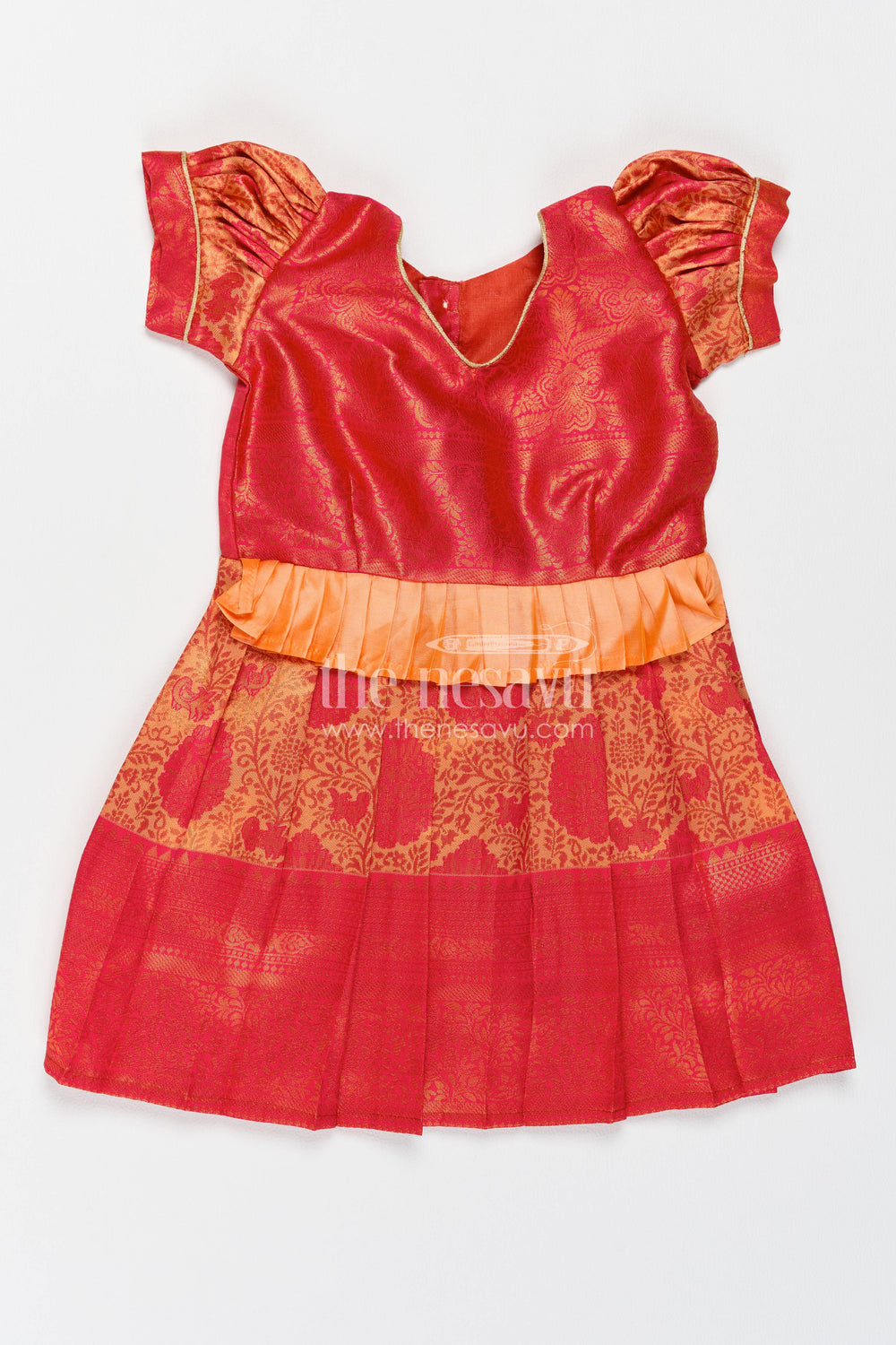 The Nesavu Girls Kanchi Silk Frock Girls Kanchi Silk Frock in Red with Woven Texture Nesavu 18 (2Y) / Red / Style 1 KSF089AA-18 Nesavu Girls Kanchi Silk Frock In Red With Woven For Festive Photos KSF089AA-18