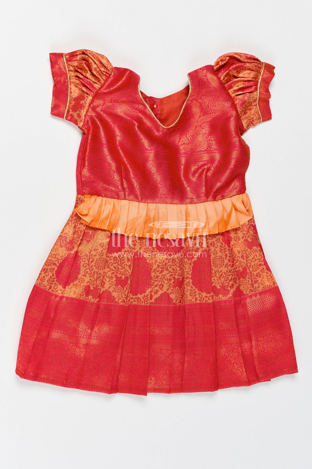 The Nesavu Girls Kanchi Silk Frock Girls Kanchi Silk Frock in Red with Woven Texture Nesavu 18 (2Y) / Red / Style 1 KSF089AA-18 Nesavu Girls Kanchi Silk Frock In Red With Woven For Festive Photos KSF089AA-18