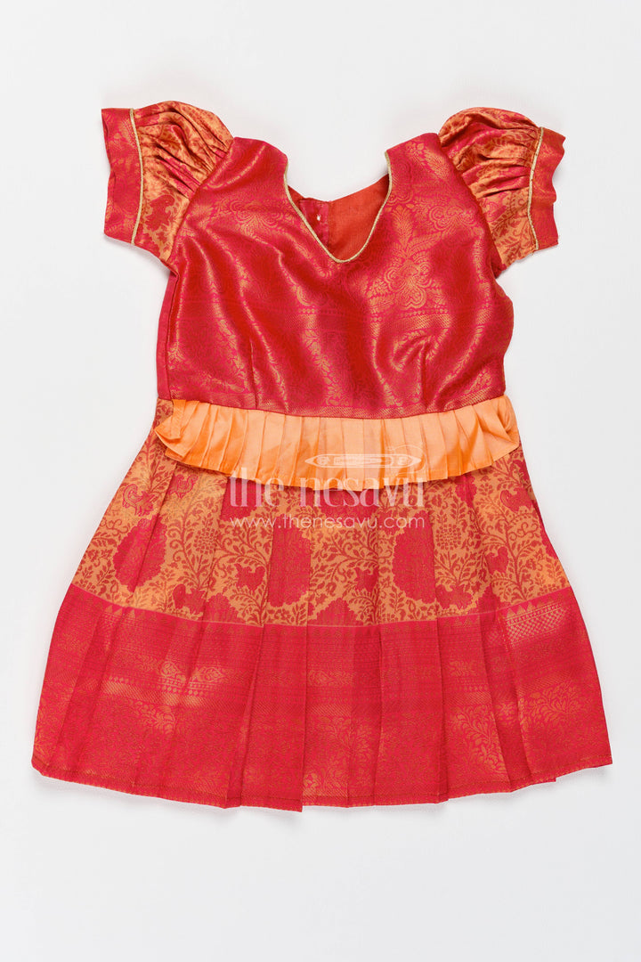 The Nesavu Girls Kanchi Silk Frock Girls Kanchi Silk Frock in Red with Woven Texture Nesavu 18 (2Y) / Red / Style 1 KSF089AA-18 Nesavu Girls Kanchi Silk Frock In Red With Woven For Festive Photos KSF089AA-18