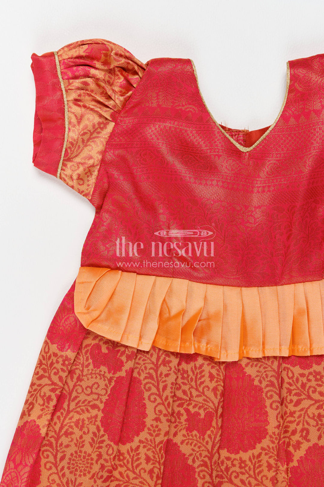 The Nesavu Girls Kanchi Silk Frock Girls Kanchi Silk Frock in Red with Woven Texture Nesavu Nesavu Girls Kanchi Silk Frock In Red With Woven For Festive Photos
