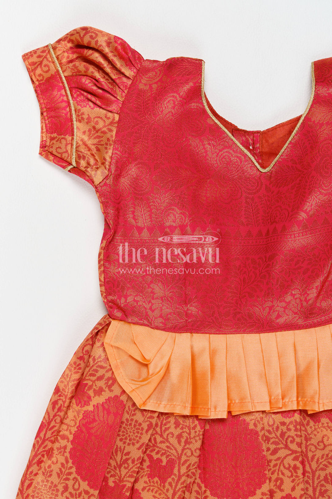 The Nesavu Girls Kanchi Silk Frock Girls Kanchi Silk Frock in Red with Woven Texture Nesavu Nesavu Girls Kanchi Silk Frock In Red With Woven For Festive Photos