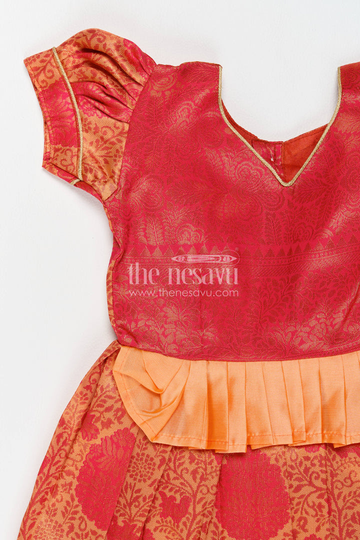 The Nesavu Girls Kanchi Silk Frock Girls Kanchi Silk Frock in Red with Woven Texture Nesavu Nesavu Girls Kanchi Silk Frock In Red With Woven For Festive Photos