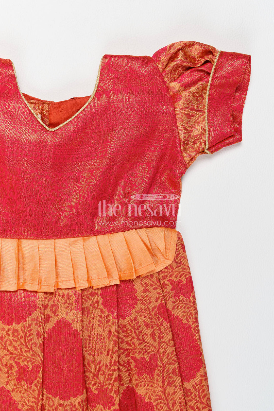 The Nesavu Girls Kanchi Silk Frock Girls Kanchi Silk Frock in Red with Woven Texture Nesavu Nesavu Girls Kanchi Silk Frock In Red With Woven For Festive Photos