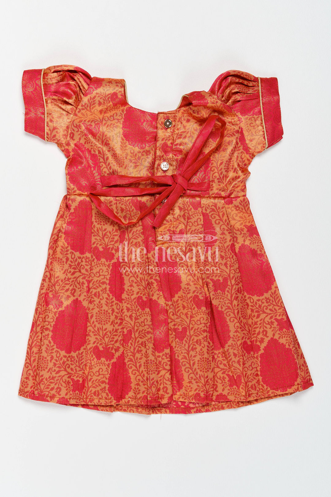 The Nesavu Girls Kanchi Silk Frock Girls Kanchi Silk Frock in Red with Woven Texture Nesavu Nesavu Girls Kanchi Silk Frock In Red With Woven For Festive Photos