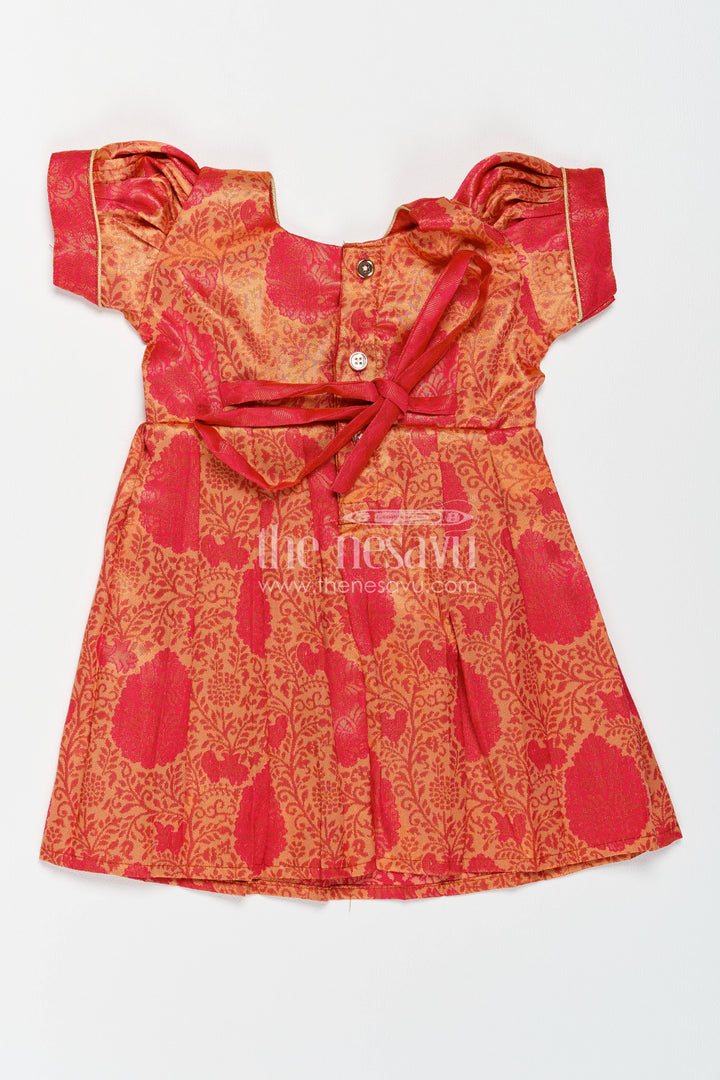 The Nesavu Girls Kanchi Silk Frock Girls Kanchi Silk Frock in Red with Woven Texture Nesavu Nesavu Girls Kanchi Silk Frock In Red With Woven For Festive Photos
