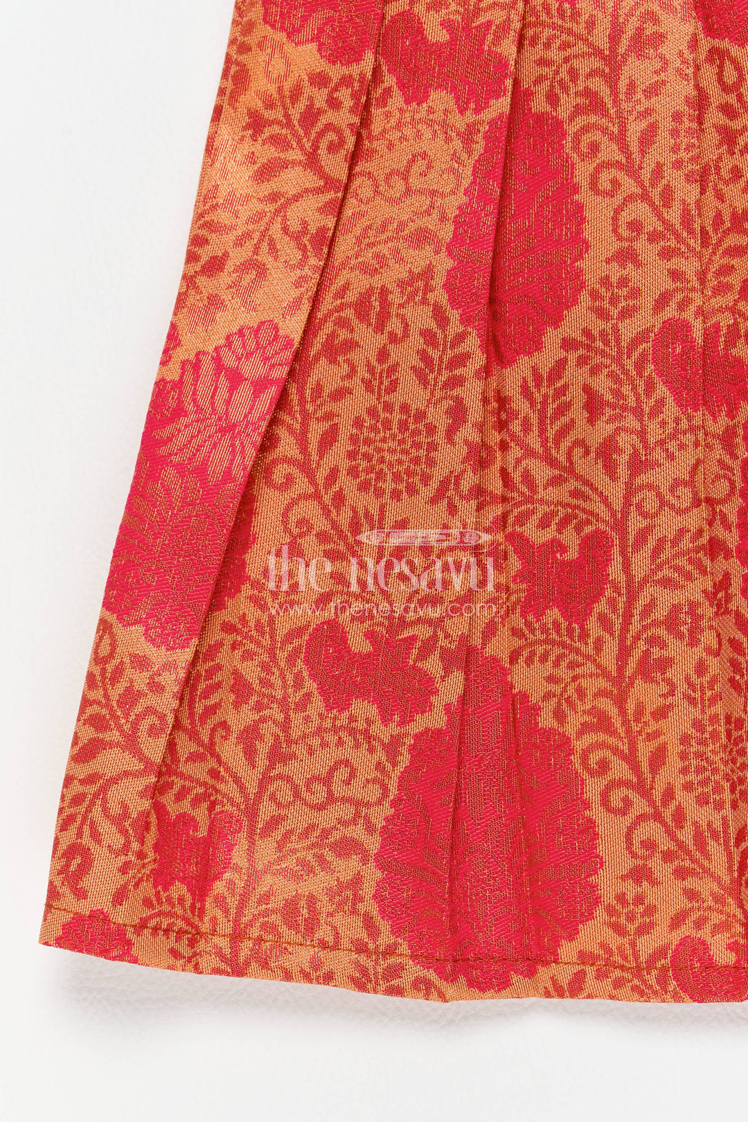 The Nesavu Girls Kanchi Silk Frock Girls Kanchi Silk Frock in Red with Woven Texture Nesavu Nesavu Girls Kanchi Silk Frock In Red With Woven For Festive Photos