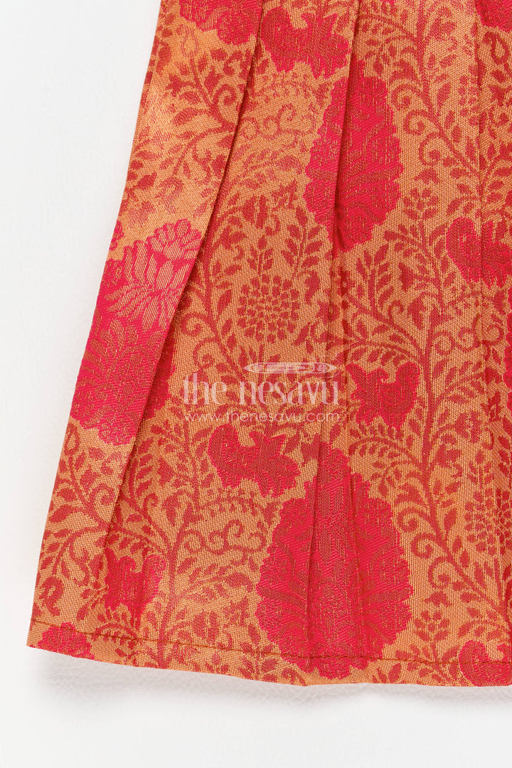 The Nesavu Girls Kanchi Silk Frock Girls Kanchi Silk Frock in Red with Woven Texture Nesavu Nesavu Girls Kanchi Silk Frock In Red With Woven For Festive Photos