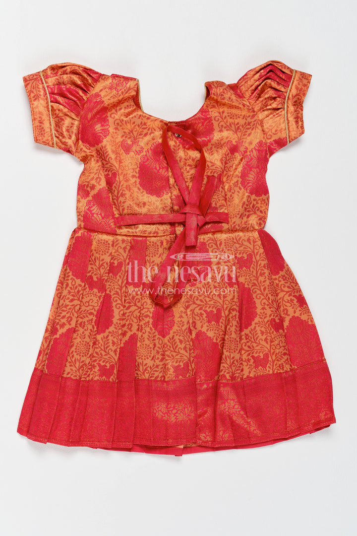 The Nesavu Girls Kanchi Silk Frock Girls Kanchi Silk Frock in Red with Woven Texture Nesavu Nesavu Girls Kanchi Silk Frock In Red With Woven For Festive Photos
