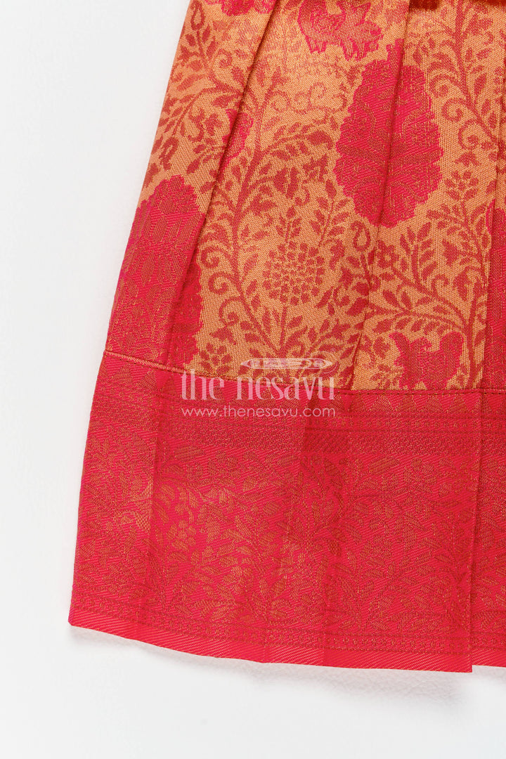 The Nesavu Girls Kanchi Silk Frock Girls Kanchi Silk Frock in Red with Woven Texture Nesavu Nesavu Girls Kanchi Silk Frock In Red With Woven For Festive Photos