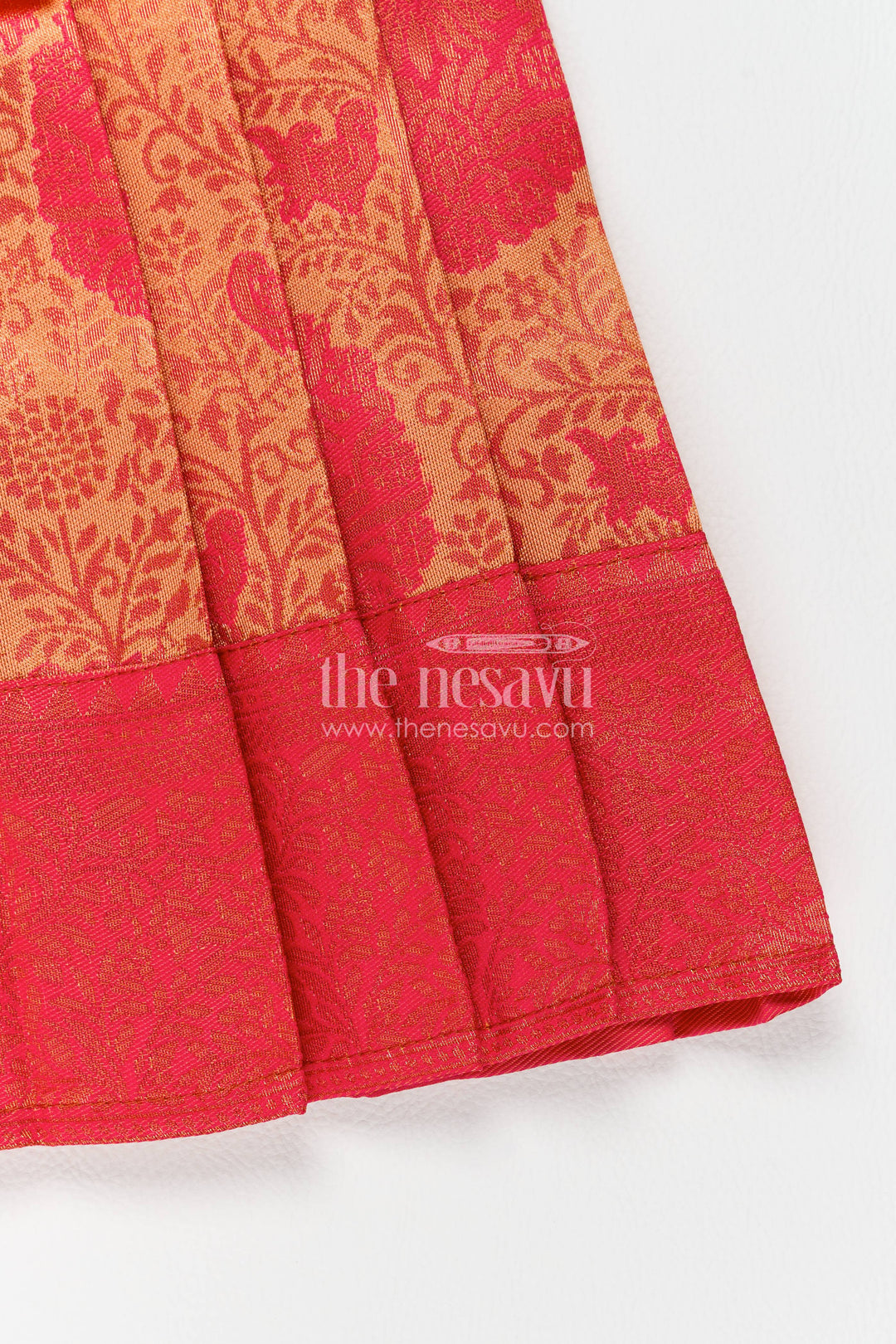 The Nesavu Girls Kanchi Silk Frock Girls Kanchi Silk Frock in Red with Woven Texture Nesavu Nesavu Girls Kanchi Silk Frock In Red With Woven For Festive Photos