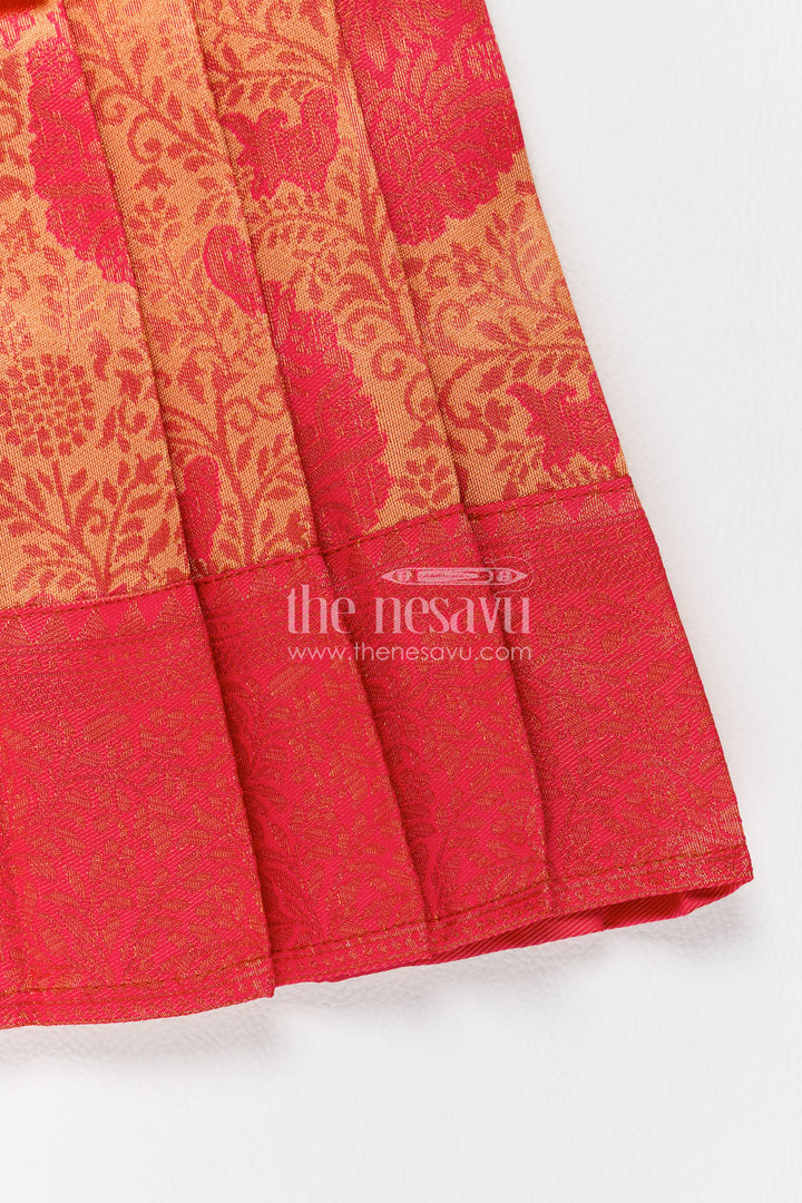 The Nesavu Girls Kanchi Silk Frock Girls Kanchi Silk Frock in Red with Woven Texture Nesavu Nesavu Girls Kanchi Silk Frock In Red With Woven For Festive Photos