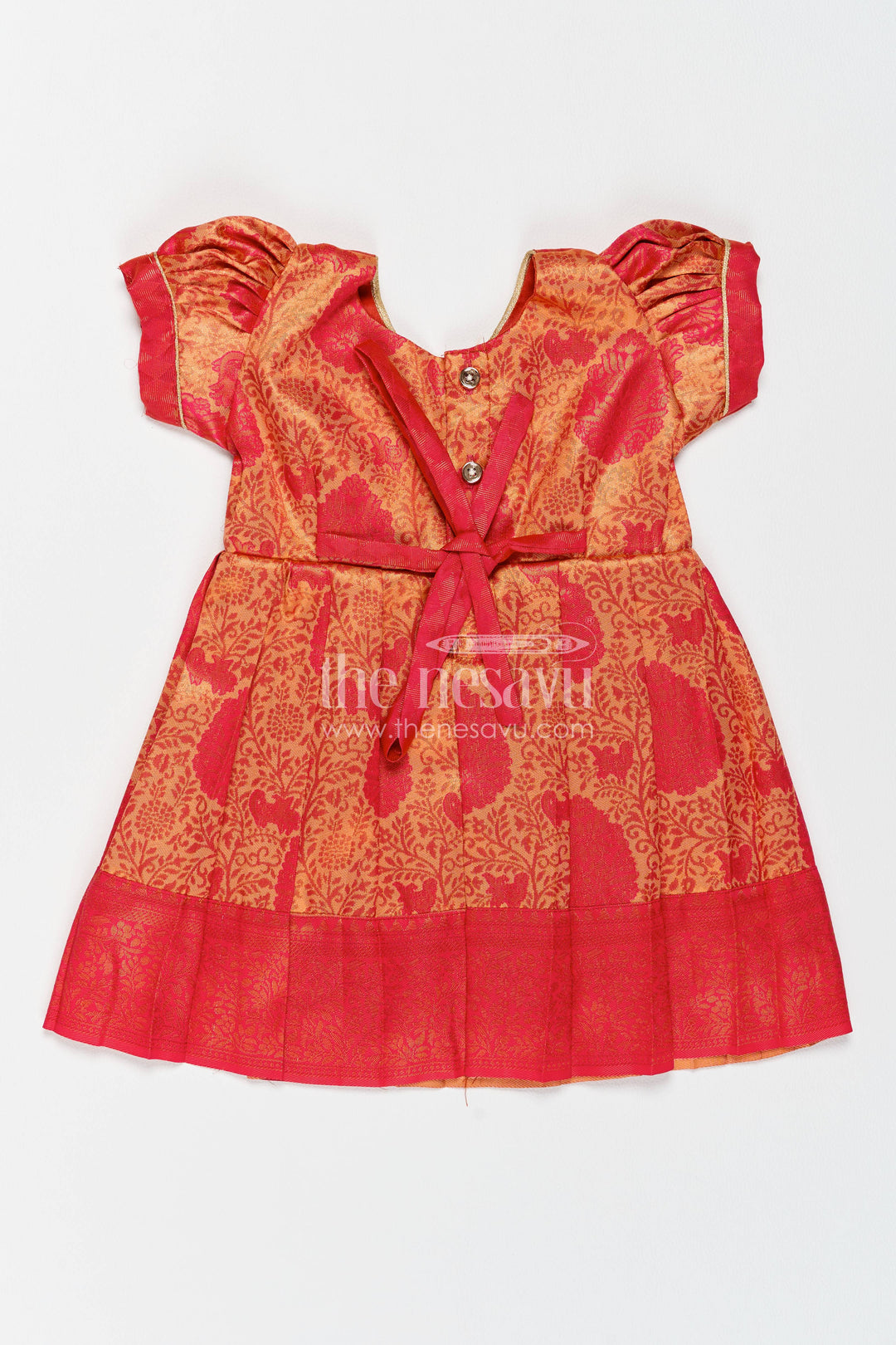 The Nesavu Girls Kanchi Silk Frock Girls Kanchi Silk Frock in Red with Woven Texture Nesavu Nesavu Girls Kanchi Silk Frock In Red With Woven For Festive Photos
