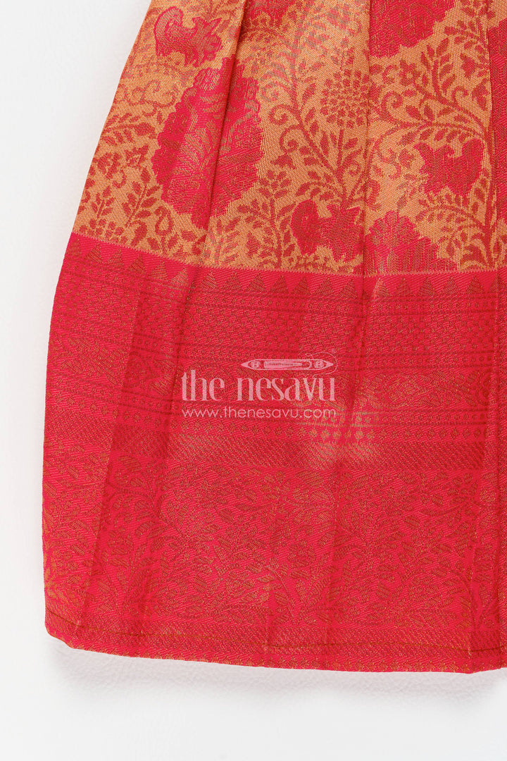 The Nesavu Girls Kanchi Silk Frock Girls Kanchi Silk Frock in Red with Woven Texture Nesavu Nesavu Girls Kanchi Silk Frock In Red With Woven For Festive Photos