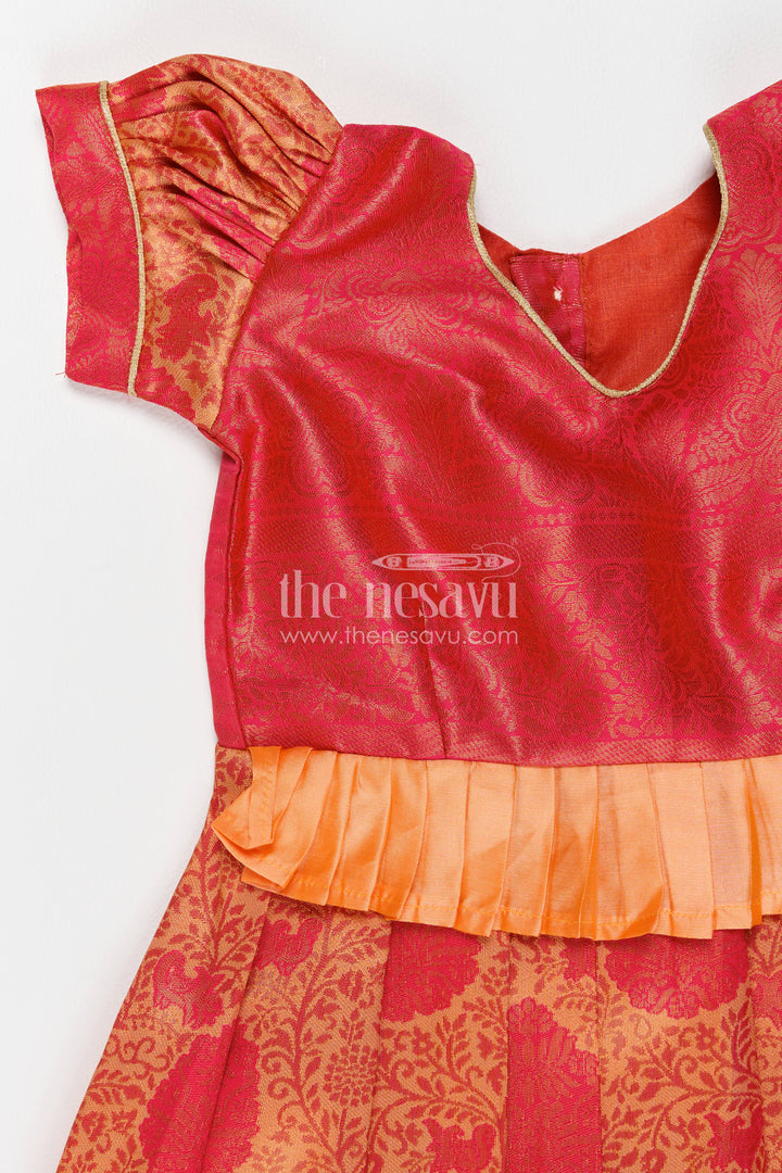 The Nesavu Girls Kanchi Silk Frock Girls Kanchi Silk Frock in Red with Woven Texture Nesavu Nesavu Girls Kanchi Silk Frock In Red With Woven For Festive Photos