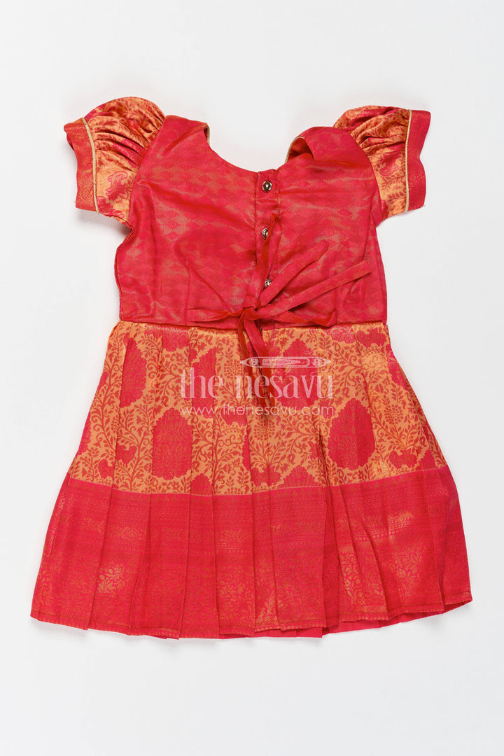 The Nesavu Girls Kanchi Silk Frock Girls Kanchi Silk Frock in Red with Woven Texture Nesavu Nesavu Girls Kanchi Silk Frock In Red With Woven For Festive Photos