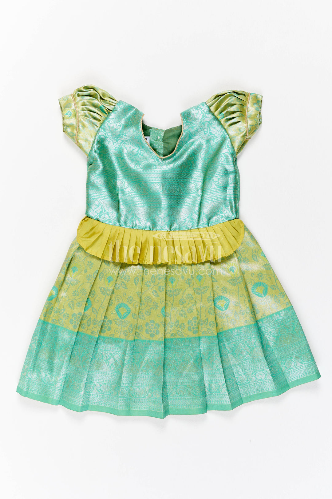 The Nesavu Girls Kanchi Silk Frock Girls Kanchi Silk Frock in Turquoise for Party Memories Nesavu 18 (2Y) / Turquoise / Style 1 KSF083AA-18 Nesavu Girls Kanchi Silk Frock In Turquoise For Parties And Memorable KSF083AA-18