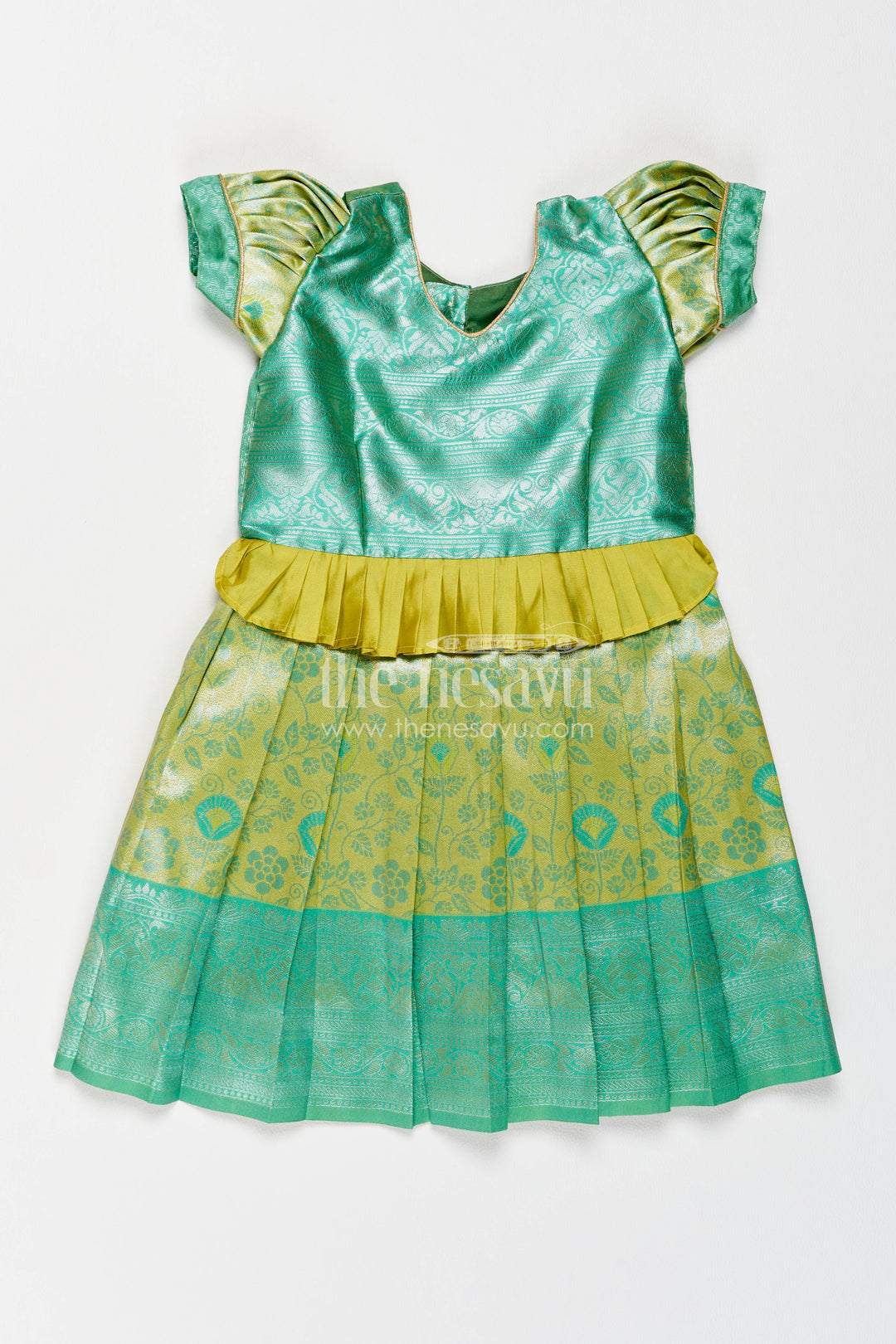 The Nesavu Girls Kanchi Silk Frock Girls Kanchi Silk Frock in Turquoise for Party Memories Nesavu 18 (2Y) / Turquoise / Style 3 KSF083AC-18 Nesavu Girls Kanchi Silk Frock In Turquoise For Parties And Memorable KSF083AC-18