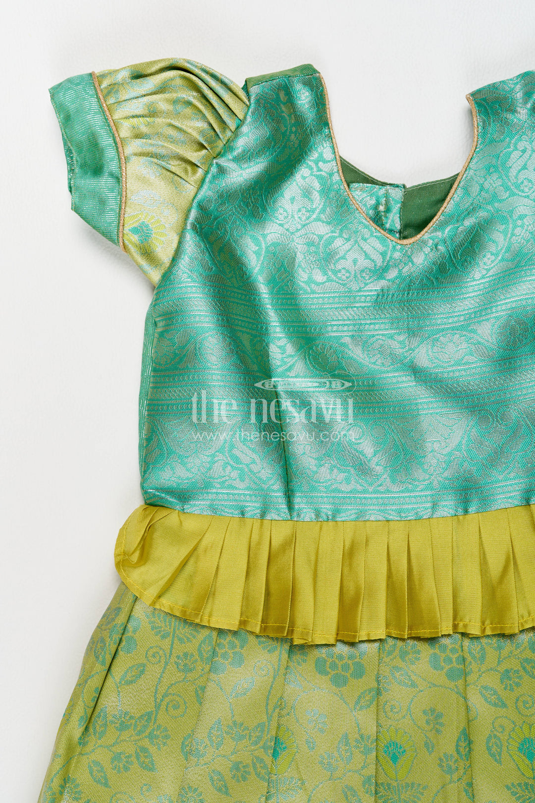 The Nesavu Girls Kanchi Silk Frock Girls Kanchi Silk Frock in Turquoise for Party Memories Nesavu Nesavu Girls Kanchi Silk Frock In Turquoise For Parties And Memorable